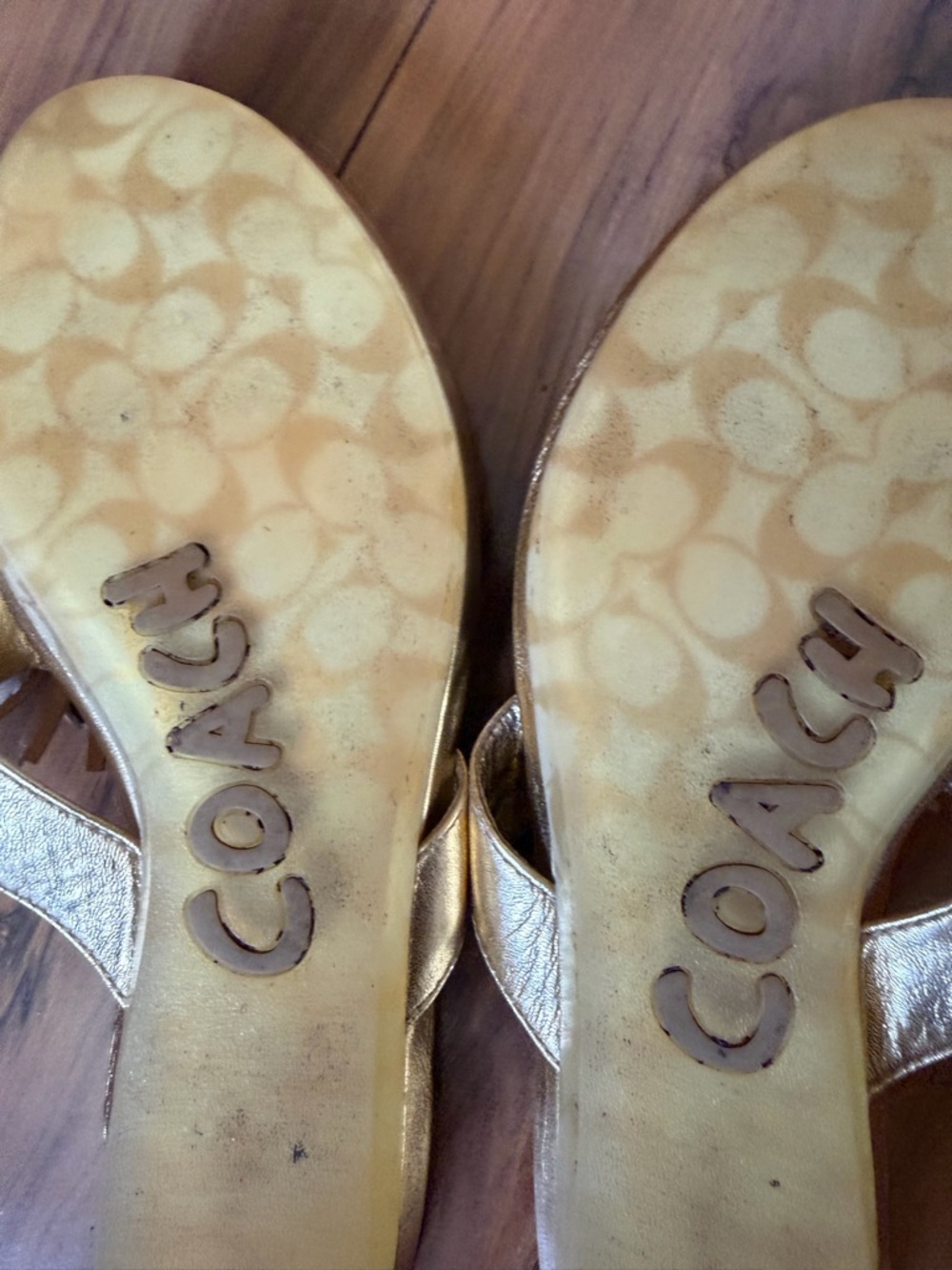 COACH Metallic Gold Leather Tassel Toe-Post Sandals - Picture 6 of 9